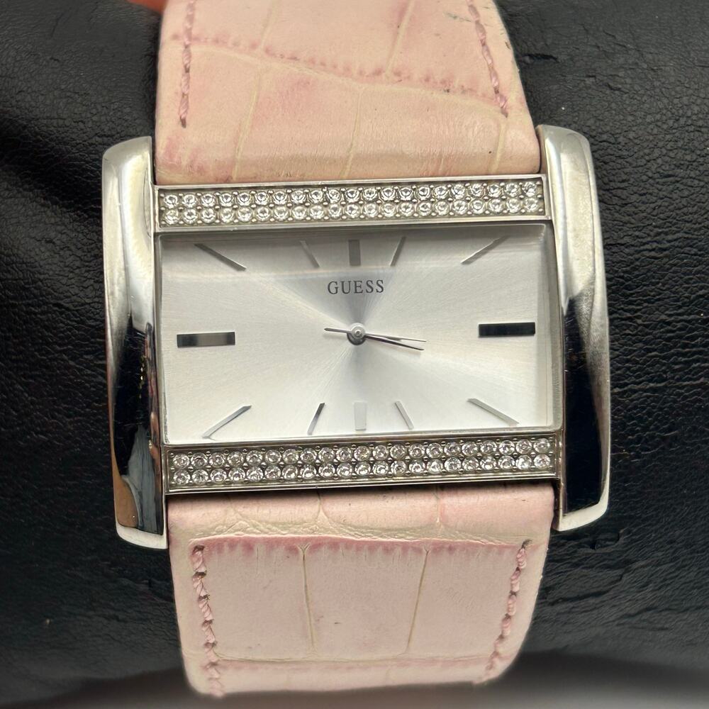 Guess Silver-tone Pink Crocs Embossed Leather Strap Working New Battery